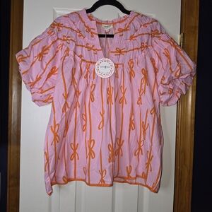 Umgee Pink and Orange Bow Blouse Size L Boho Cottagecore Teachercore